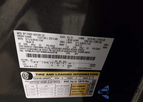 2021 Ford Expedition Xl из США, поврежденный, VIN 1FMJU1GT8MEA42578